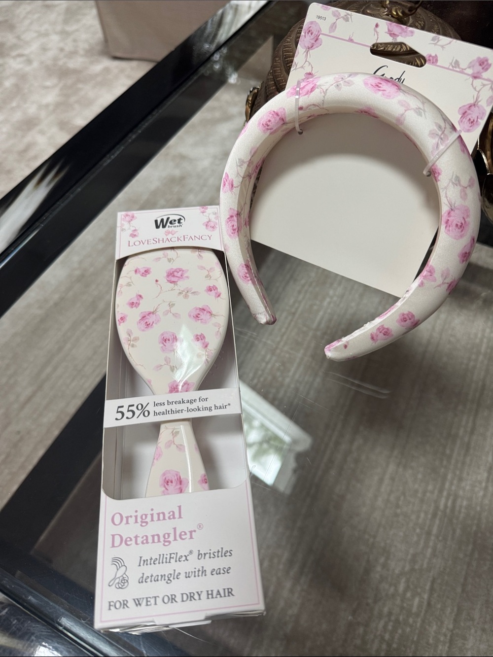 LoveShackFancy Cream and Pink Rose Padded Headband with Matching Detangler Brush